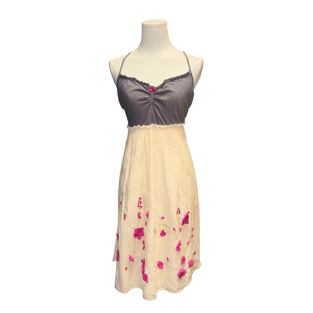 Pinkerton Floral Embroidered Sundress Womens Large Grey Cream Good Coquette Boho